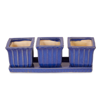 BLUE SQUARE CERAMIC SMALL PLANTER SET OF 3