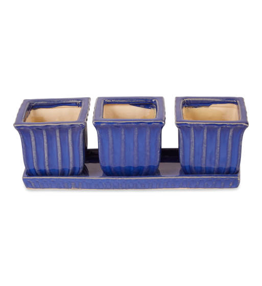 BLUE SQUARE CERAMIC SMALL PLANTER SET OF 3