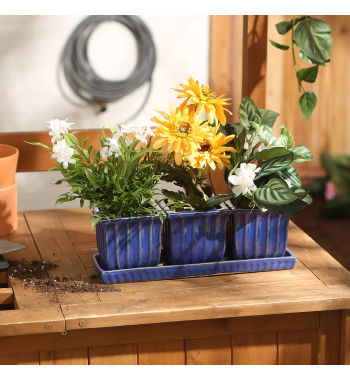 BLUE SQUARE CERAMIC SMALL PLANTER SET OF 3