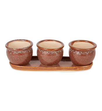 BROWN ROUND CERAMIC SMALL PLANTER SET OF 3