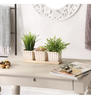 WHITE SQUARE CERAMIC SMALL PLANTER SET OF 3