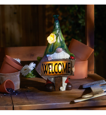 GNOME WITH GLOWING WELCOME SIGN SOLAR STATUE