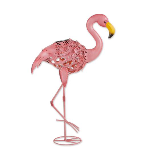 FLAMINGO LEANING SOLAR METAL STATUE